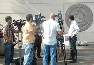 Hawaiian Humane Society Director of Operations, Keoni Vaughn speaks to the press after the sentencing